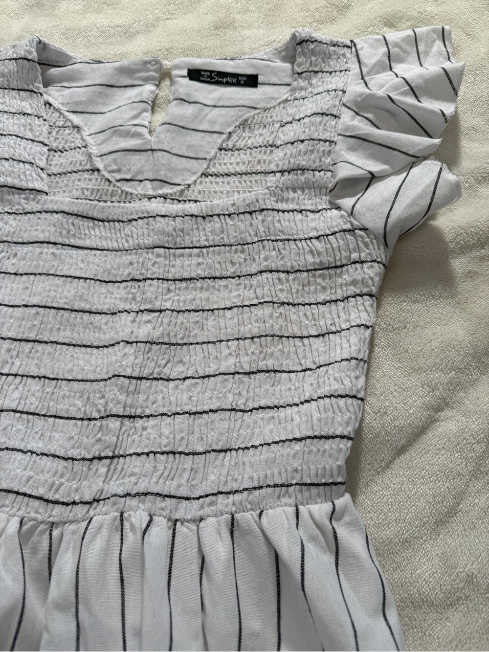Simplee White Black Striped Smocked Midi Dress Linen Blend Flutter Sleeve Small - Picture 4 of 11